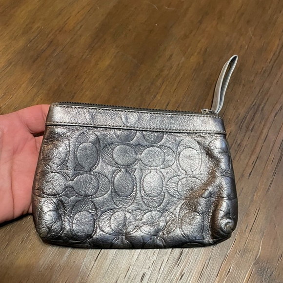 Coach Signature Print Silver Metallic Wristlet - Picture 2 of 4